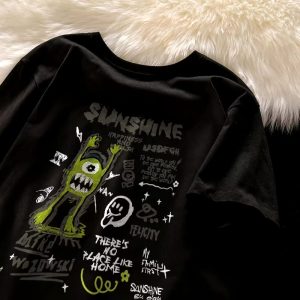 Po floret Tshirt Oversize Wanita Cetakan Monster Kecil Yang Lucu Baju Kaos Wanita Lengan Pendek Tebal Kaos Cotton Combed 24s Motif