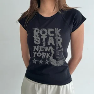 RIOD AOER baju atasan wanita Kaus Lengan Pendek Bahu Cetak Rock and Roll Gadis Keren Retro Amerika Atasan Ramping Baru Musim