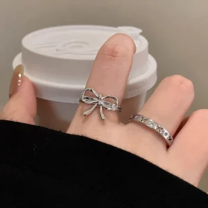 LEERE -Cincin Tintanium Perak Kupu-kupu Terbuka Sederhana Cincin Wanita Zirkon Tidak Teratur Mewah Dingin Gaya Wanita Aksesoris